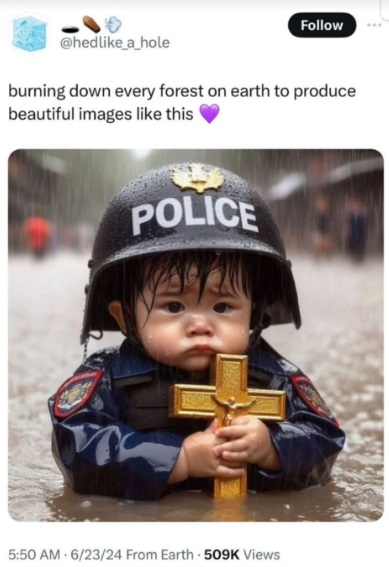 tweet showcasing a particularly noxious piece of generative AI chum-art, namely a cute east asian baby in a police uniform clutching a gilded crucifix waste-high in flood waters